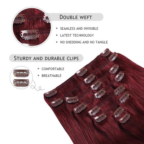 YILITE Hair Extensions Clip in Human Hair 8Pcs 120Gram/Pack Burgundy Silky Remy Human Hair Double Weft Straight Real Hair Extensions Clip ins Thick (18inches #99J Burgundy）