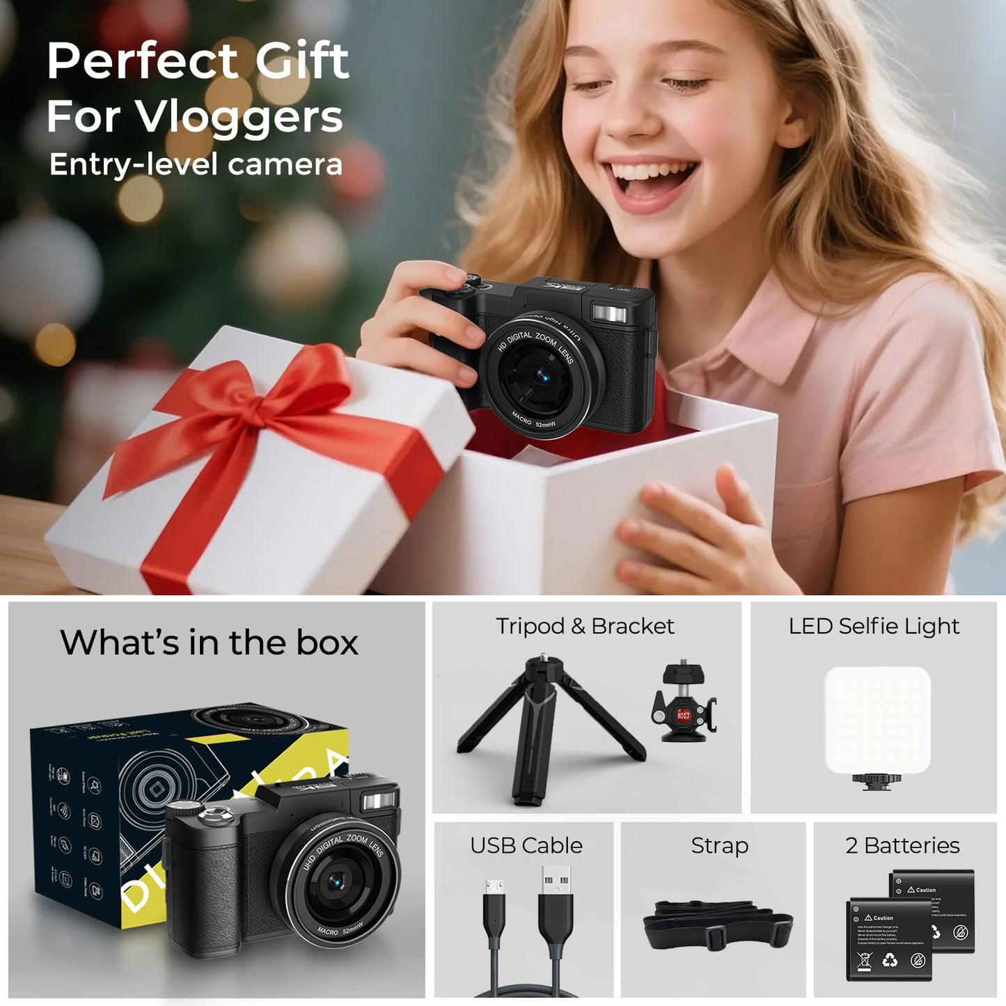 5K Vlogging Camera with WiFi 64MP 4K Digital Camera for Photography Vlog Camera with Flip Screen Video Camera for YouTube with Selfie Light, Desk Tripod, Batteries