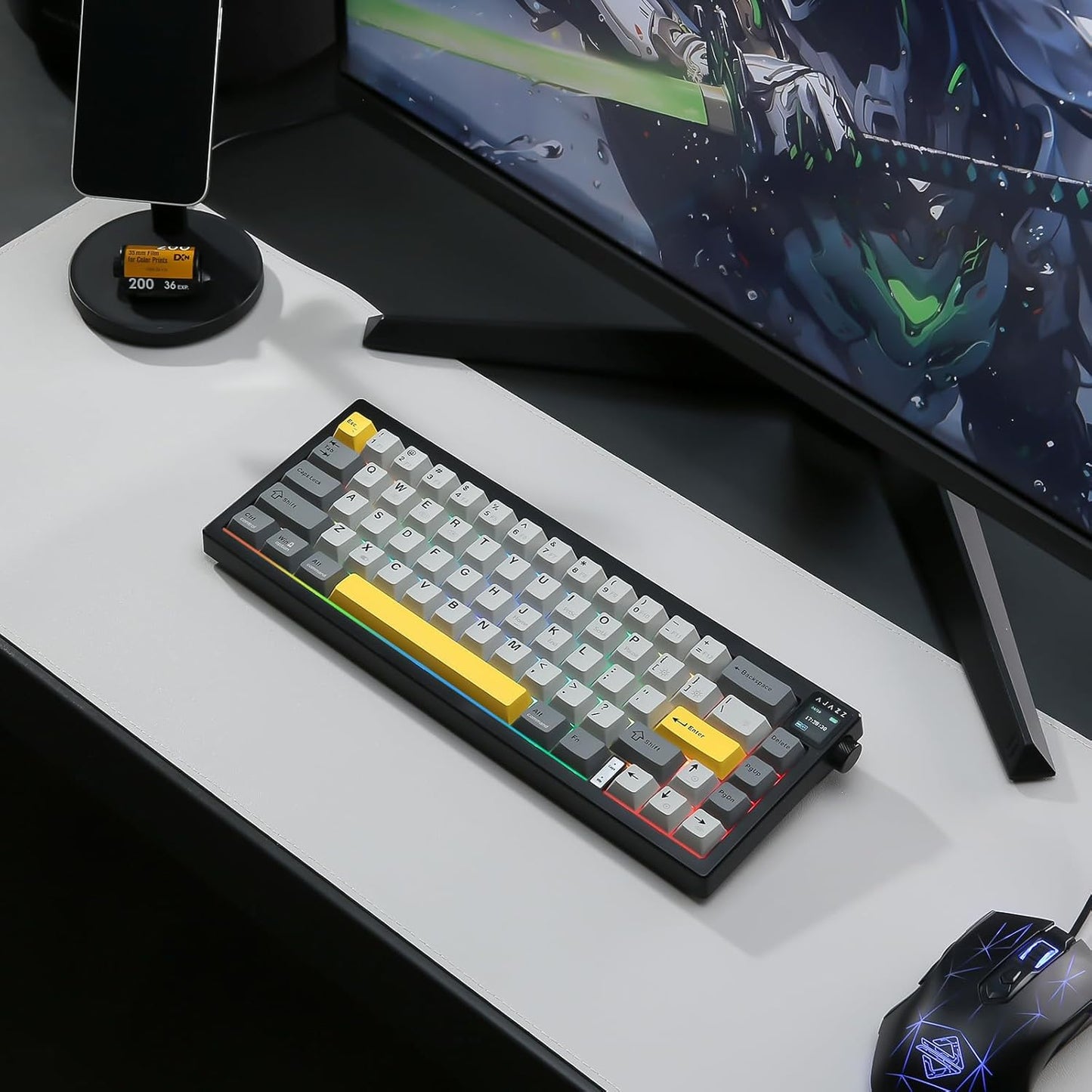 AJAZZ AK650 Mechanical Gaming Keyboard with Smart Display & Knob,65% Wireless Mechanical Keyboard BT/2.4G/USB-C, Hot Swappable, Creamy Sounding with RGB Light (Purple,Flying Fish Switch)