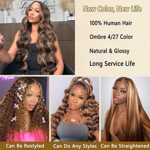 Seekomi Ombre Highlight Body Wave Bundles Human Hair 18 20 22 Inch 12A 100% Virgin 4/27 Colored Brown and Blonde 3 Bundles Human Hair Double Weft Quick Weave for Women, 300g