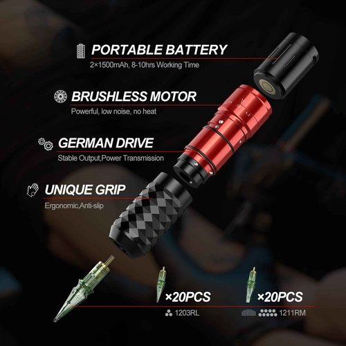Tattoo Gun,Solong Tattoo Gun Kit Professional 2 Batteries 7 Strokes Wireless Tattoo Kit 6500Rpm Brushless Motor Digital LED Display Tattoo Machine with 20Pcs Tattoo Needles SLE75KIT-1-US