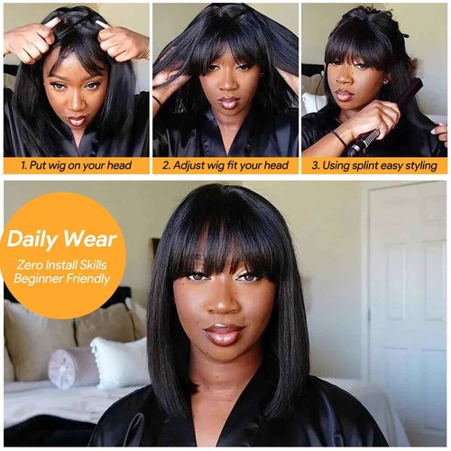 Ruiyu 250 Density Bob Wig with Bangs Human Hair 2x4 HD Lace Closure Front Silky Straight Wigs Human Hair Glueless Ready to Wear and Go for Beginners 100% Brazilian Human Hair for Black Women 12 Inch
