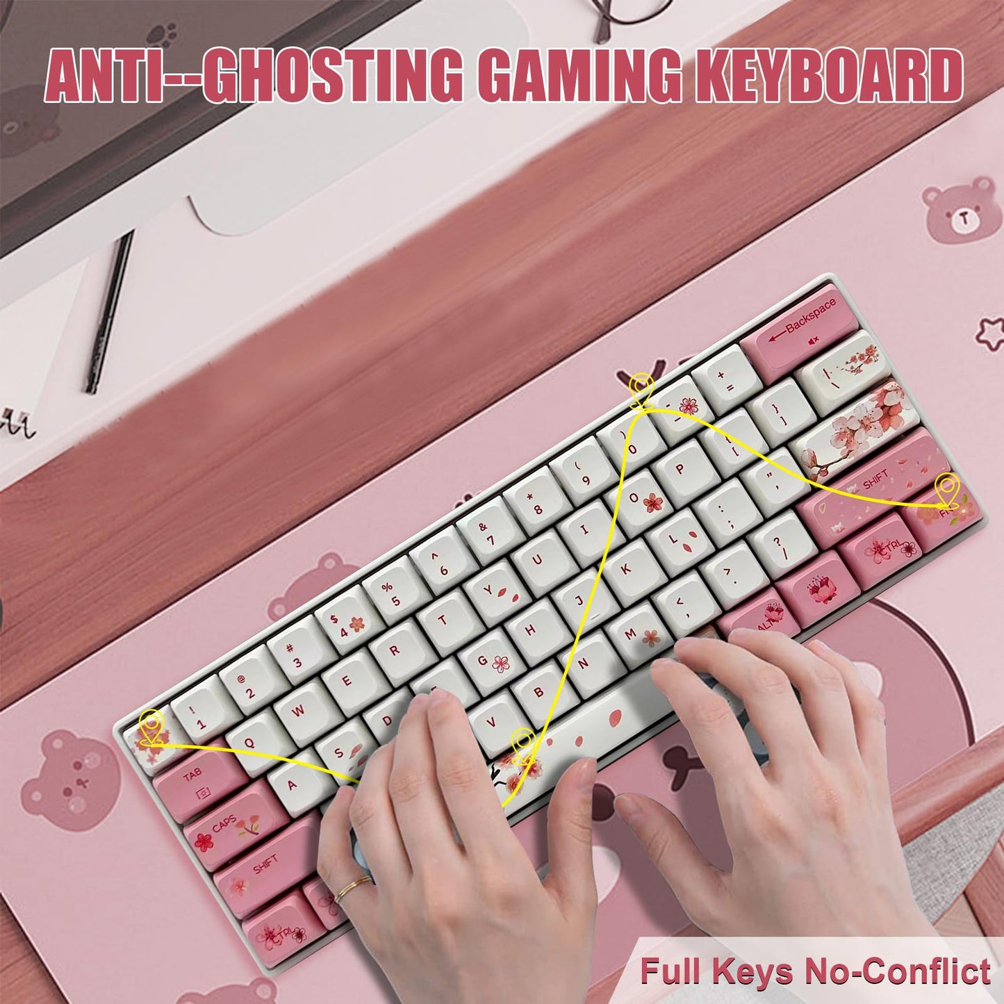 ZMX Cherry Blossom Pink and White Keyboard,60% Wired Hot Swappable RGB Backlit Mechanical Gaming Keyboard Mini 61 Keys XDA Profile Cute PBT Keycaps for Office PC/Mac Gamer (OUTEMU-Blue Switch)