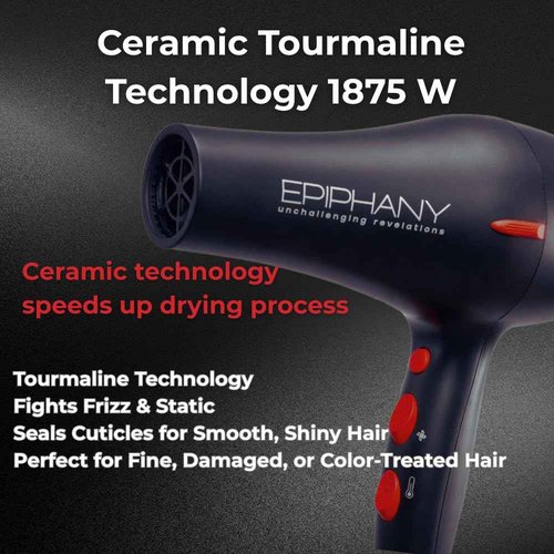 Epiphany Professional Hair Dryer 1875W – Ionic Blow Dryer with Ceramic Tourmaline Technology for Fast Drying, Frizz Control & Shine – Includes Diffuser & 2 Nozzles – Lightweight for All Hair Types