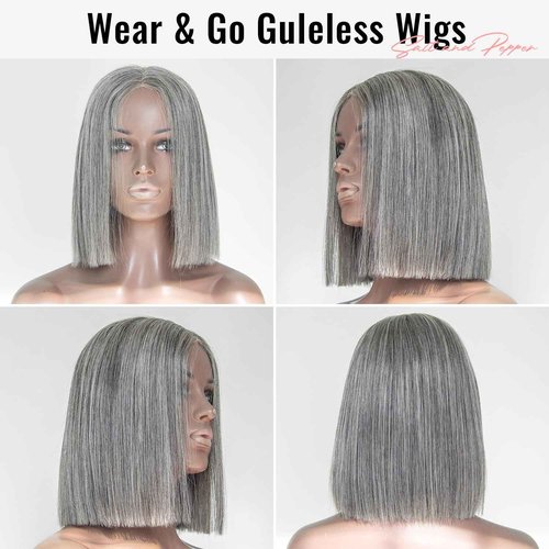 Topnormantic Salt and Pepper Wigs for Women, Wigs Human Hair Glueless Wear and Go Pre Plucked Pre Cut 5x5 Grey Bob Wigs Human Hair 210% Density 12A Brazilian Virgin Hair Lace Front Closure Wig 10 Inch