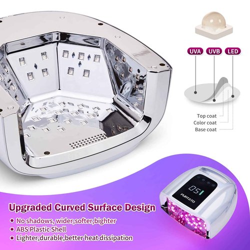 PURTATO Professional Rechargeable 96W UV LED Portable Cordless UV Light for Nail Lamp Machine with Removable Stainless Steel Bottom,4 Timer Setting and Smart Sensor Nail Dryer (Plating Silver)