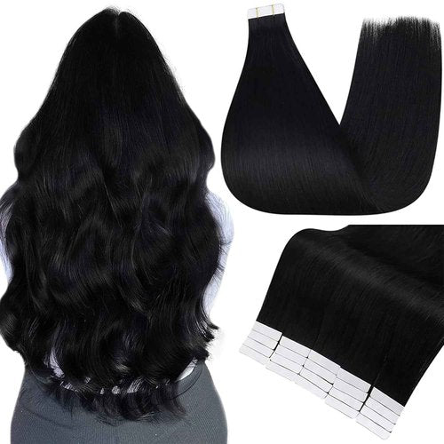 Full Shine Black Tape in Real Human Hair Extensions - 24 & 20 Inch Jet Black Natural - 50Grams Soft Hair Extensions