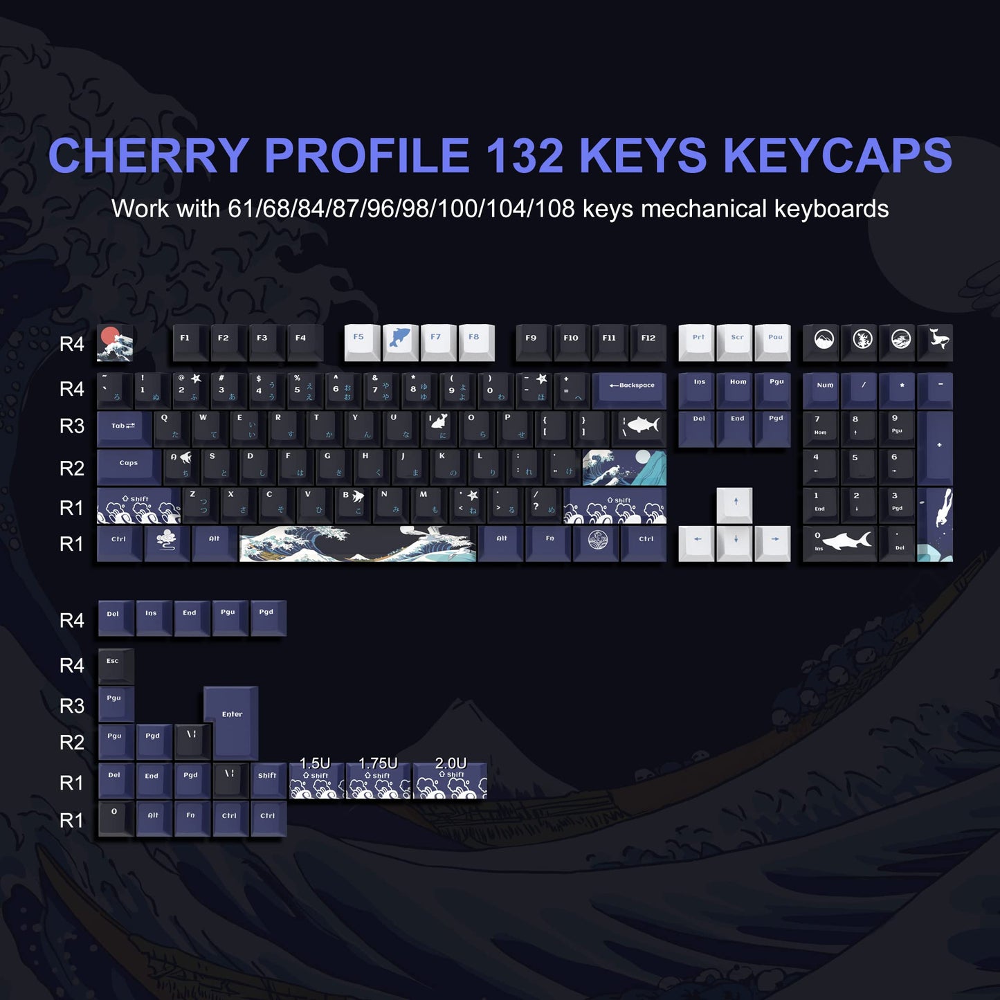 XVX PBT Keycaps - 132 Keys, Great Wave Off Kanagawa Japanese Keyboard Set, 5 Side Dye-Sub Custom Keycaps, Cherry Profile for Cherry/Gateron MX Switches