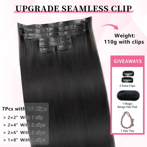 FBLhair 16 inch Seamless Clip in Hair Extensions Real Human Hair 110g 7pcs Invisible Soft PU Clip in Hair Extensions for Black Women Virgin Human Hair Extensions Clip ins 1B Natural Black Straight