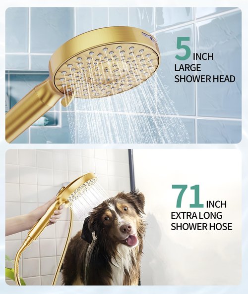 Filtered Shower Head with Handheld, High Pressure 9 Spray Mode Brushed Gold Showerhead with 4 Filters, Detachable Shower Head, Water Softener Filters Beads for Hard Water - Remove Chlorine