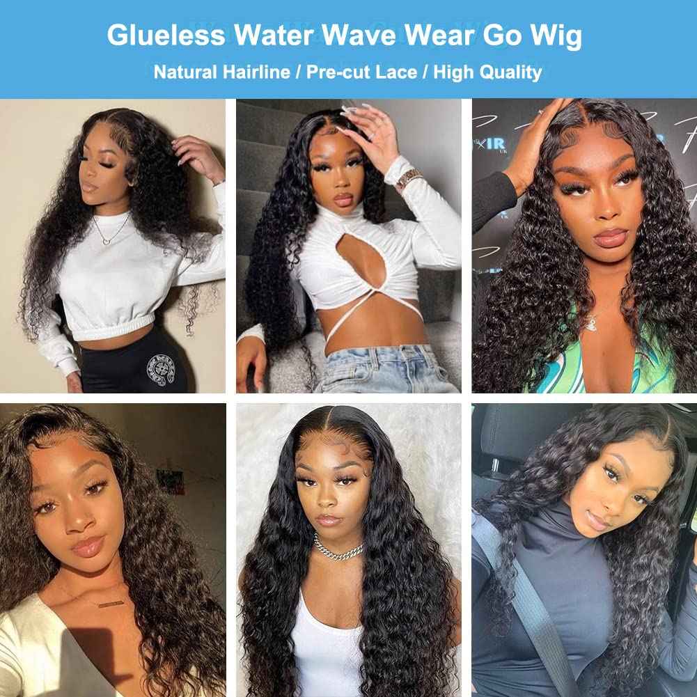 4GIRL4EVER Wet and Wavy Glueless wigs human hair Wear & Go Wigs T Part Lace Front Wigs Pre-cut 4x1 HD Lace Closure Human Hair Wigs for Black Women Water Wave Wig 180% Density Natural Black 20 Inch