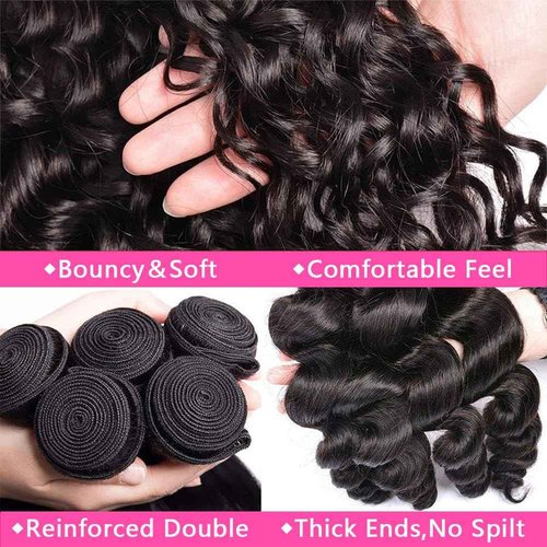 Weydlor Loose Body Wave Bundles Human Hair with Frontal (14 16 18+12) 12A Grade 100% Body Wave Human Hair Extensions 13x4 Lace Frontal Human Hair 180% Density Natural Black
