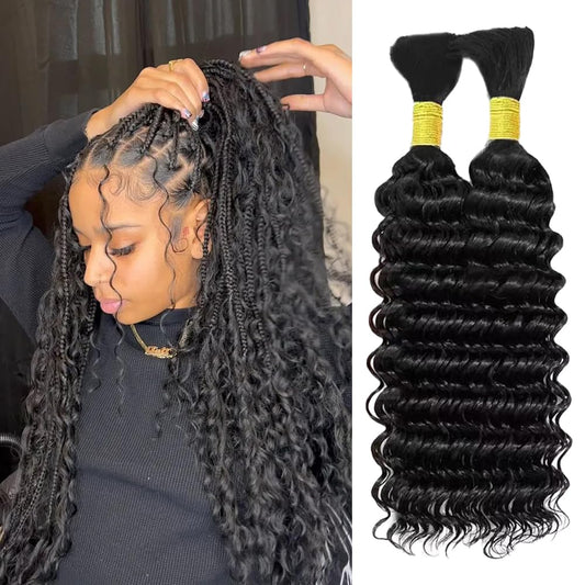 Human Braiding Hair 100g 2 Bundles 26 Inch Deep Wave Bulk Human Hair for Braiding No Weft Bundle 12A Brazilian Virgin Curly Human Hair Extensions for Boho Braids Wet and Wavy Human Hair Braiding Hair