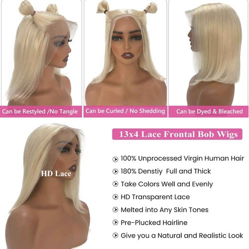 Ubetta White Blonde Lace Front Bob Wig Human Hair, Platinum Blonde 13x6 Lace Front Wigs Human Hair Pre Plucked White Blond Bob Wigs for Women 12 Inch 180% Density Bleachd Knots Swiss HD Lace