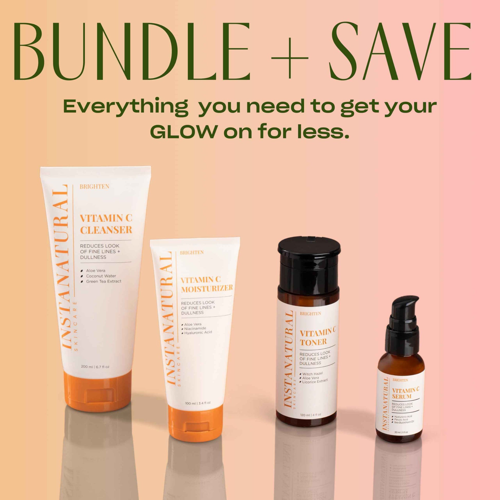 InstaNatural Vitamin C Four Step Skin Care Set with Face Wash, Toner, Serum & Moisturizer | All Natural Brightening & Hydrating Routine with Botanical Extracts – 1.68 Fl Oz (Pack of 4)