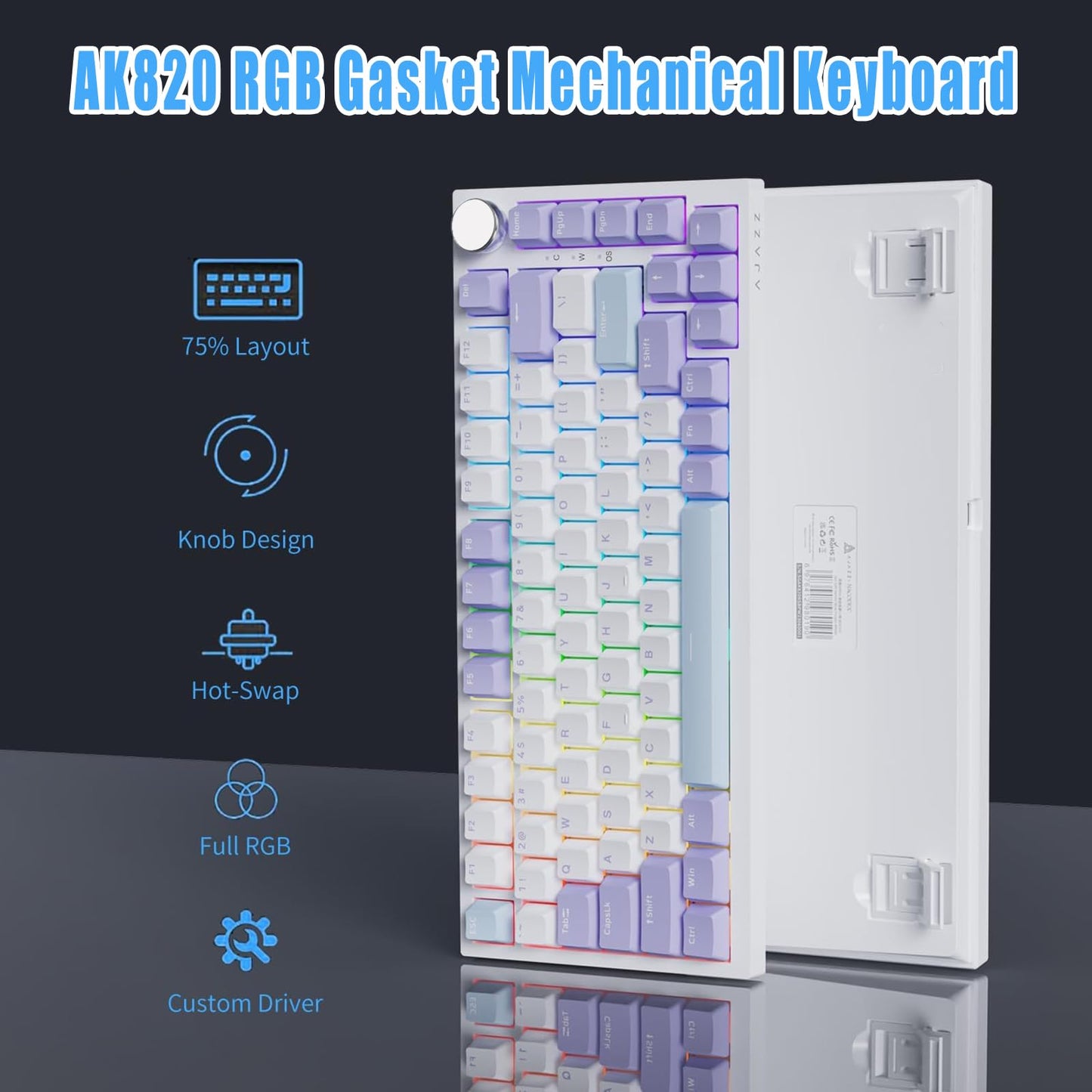 AJAZZ AK820 75% Wired RGB Gasket Mechanical Keyboard with Volume Knob, Compact 82 Keys Hot-Swap Keyboard, OME Profile PBT Keycap, Detachable Type-C Cable (Purple&Blue)