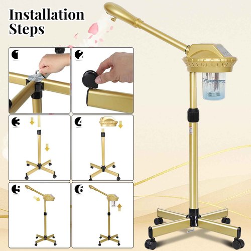 Facial Steamer Professional with More Steam for Deep Cleansing and Hydration, Estheticians Steamer on Wheels with Time Setting, Face Steamer Adjustable Height for Beauty, Spa and Home Use（Golden）