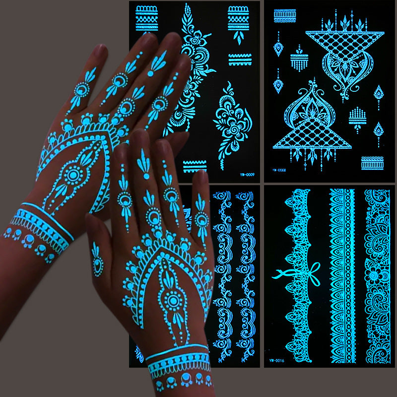 Glow in the Dark Henna Tattoo Stickers for Parties & Festivals - Intricate Lace Designs, Light Up Halloween & Christmas