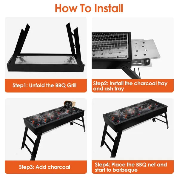Portable Foldable Charcoal BBQ Grill - Stainless Steel Cooking