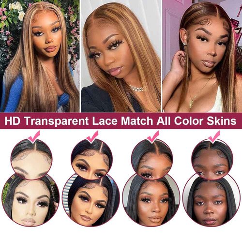 DÉBUT Ombre Highlight Brown Glueless Wigs Human Hair Pre Plucked Straight Hair Lace Front Wigs 5x5 HD Lace Closure Wig for Women Daily Use 18 Inches