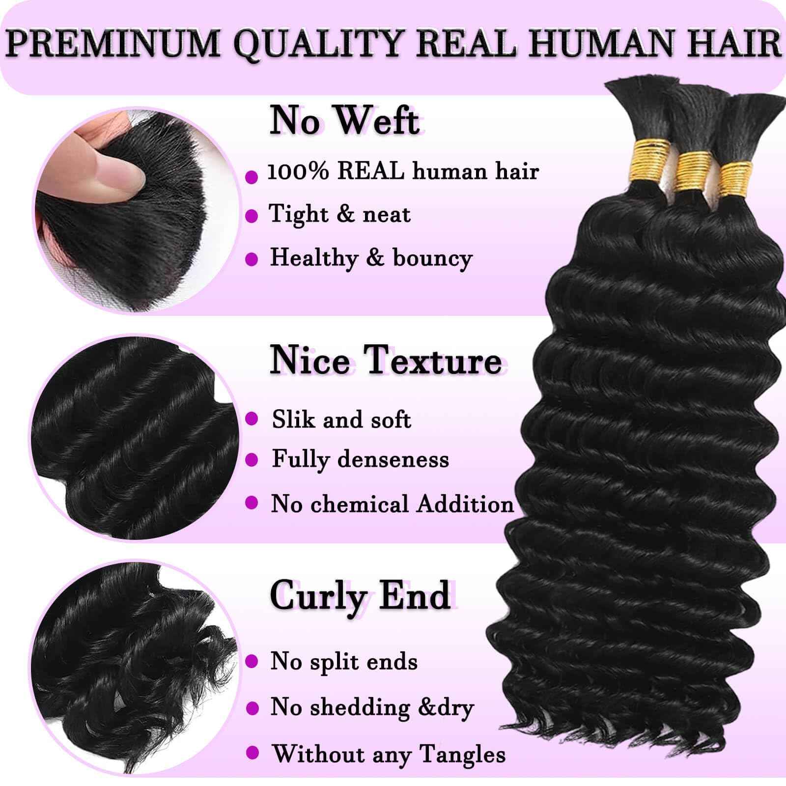 26 Inch Deep Wave Human Braiding Hair for Boho Braids Human Hair Curly Unprocessed Brazilian Virgin human boho braiding hair Extensions 3 Braids/Pack 110g Boho Hair for Braiding No Weft Natural Color