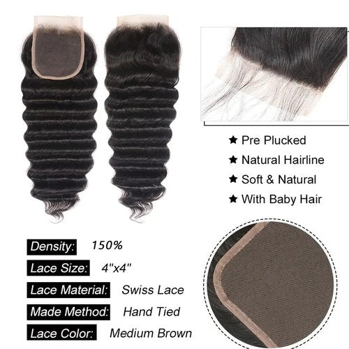 Taziza Loose Wave Human Hair Bundles with Closure(14 16 18+12 Inch,Free Part) Pre Plucked with Baby Hair 12A Unprocessed Loose Deep Wave Bundles with 4x4 Closure Human Hair