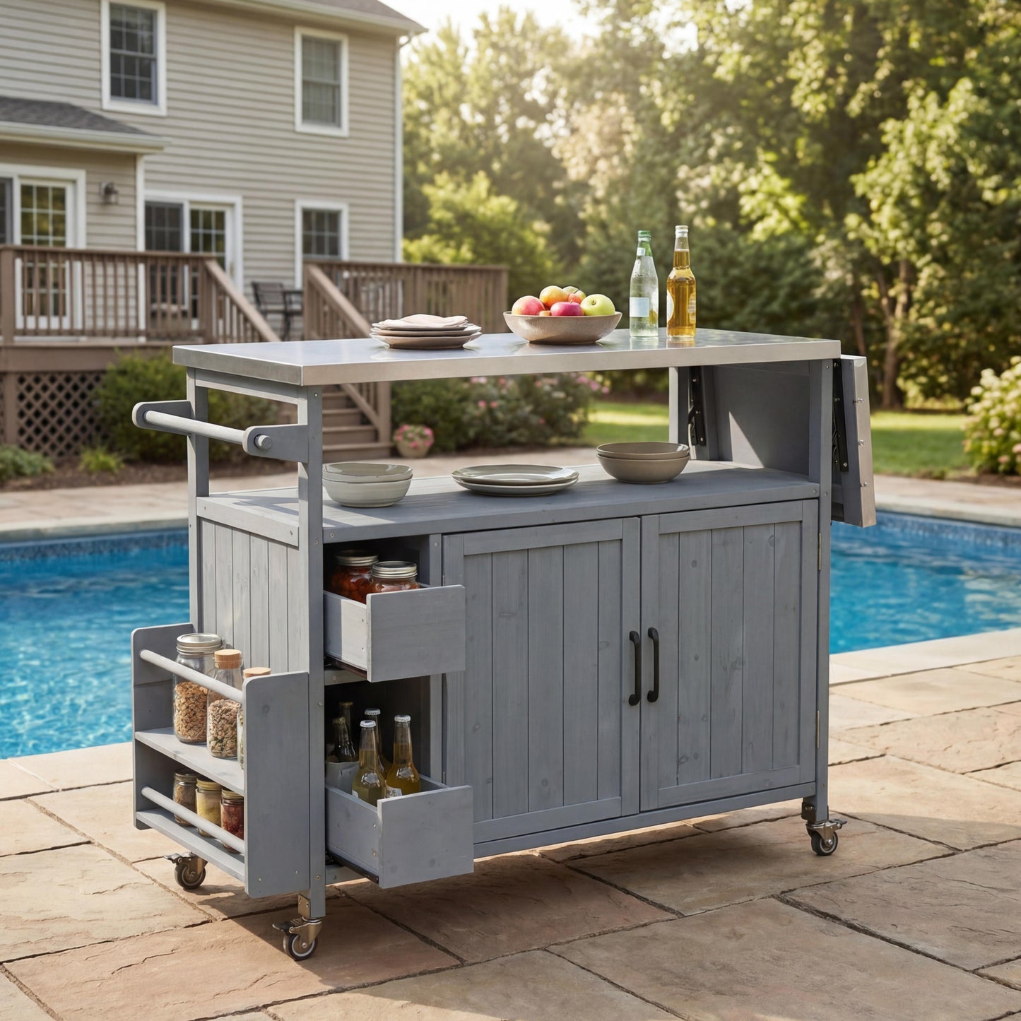 54.33 Farmhouse Rolling Outdoor Kitchen Cart, Solid Wood Frame With