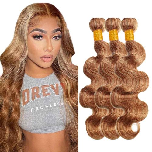 Light Brown Bundles Human Hair Color #27 Body Wave Bundle Brazilian Virgin Hair 3 Bundles 22 24 26 Inch Double Weft Hair Weave 300g