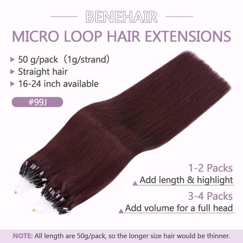 Benehair Micro Loop Hair Extensions Real Human Hair Wine Red Microlink Hair Extensions Human Hair 24inch Micro Link Hair Extensions for Women Invisible Natural Hair Extensions Add Volume