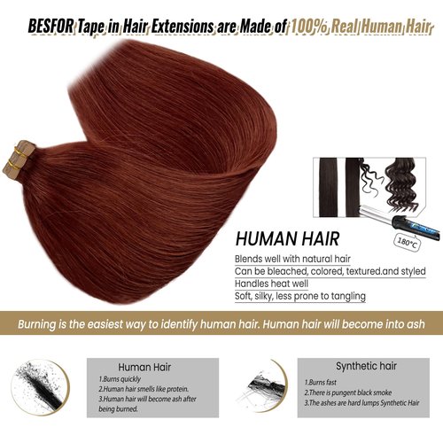 Tape in Hair Extensions #33 Dark Auburn 100% Real Human Hair Silky Straight for Women 24inch 20pcs 70g Dark Auburn Invisible Natural Human Tape in Hair Extensions