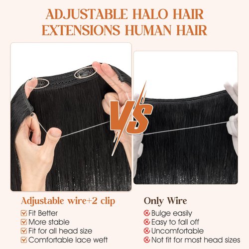 S-noilite Halo Hair Extensions Real Human Hair,Invisible Wire Hair Extensions with Adjustable Fish Line Halo Extensions for Women 16Inch 80G(Natural Black)