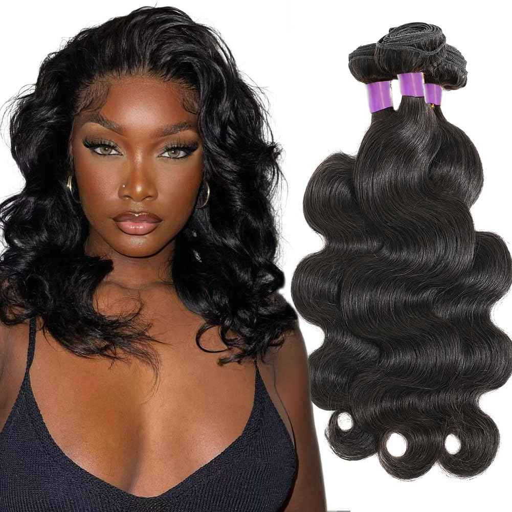12A Body Wave Bundles Human Hair 10 12 14 Inch Human Hair Bundles 100% Unprocessed Brazilian Virgin Hair 3 Bundles Human Hair Extensions for Women Natural Black