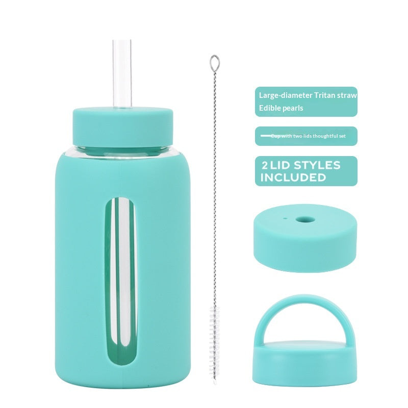 600ml Silicone Sleeve Glass Water Cup with Dual Lids - Heat-Resistant & Sipper-Friendly