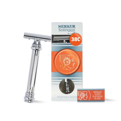 MERKUR 38C Double Edge Safety Razor - Bright Chrome, Extra Large Barber Pole Grip Brass Handle, Made in Germany, Plastic-Free, Two Piece Design, Closed Comb, Straight Bar