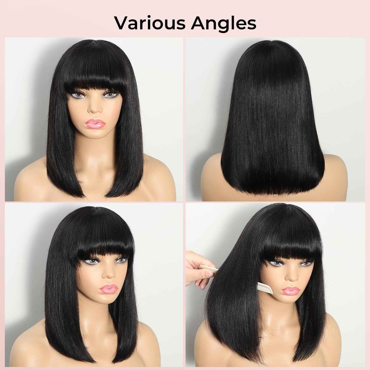 KEPWIN Bob Wig with Bangs Human Hair Wig 2x1 Closure Transparent Lace Bob Glueless Wigs Human Hair Short Wigs Straight Wigs for Black Women Wear and Go Natural Black 180% Density 14Inch
