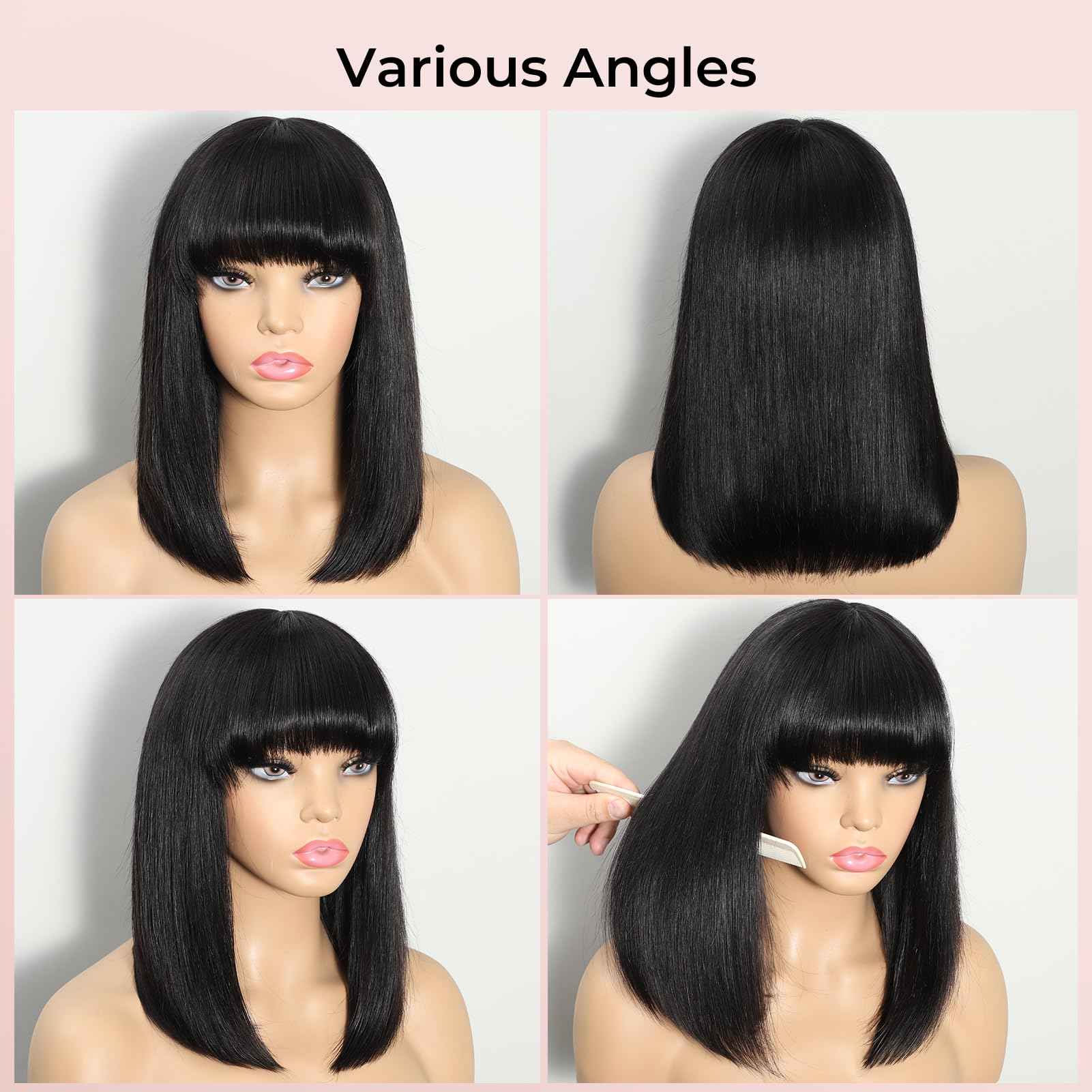 KEPWIN Bob Wig with Bangs Human Hair Wig 2x1 Closure Transparent Lace Bob Glueless Wigs Human Hair Short Wigs Straight Wigs for Black Women Wear and Go Natural Black 180% Density 14Inch