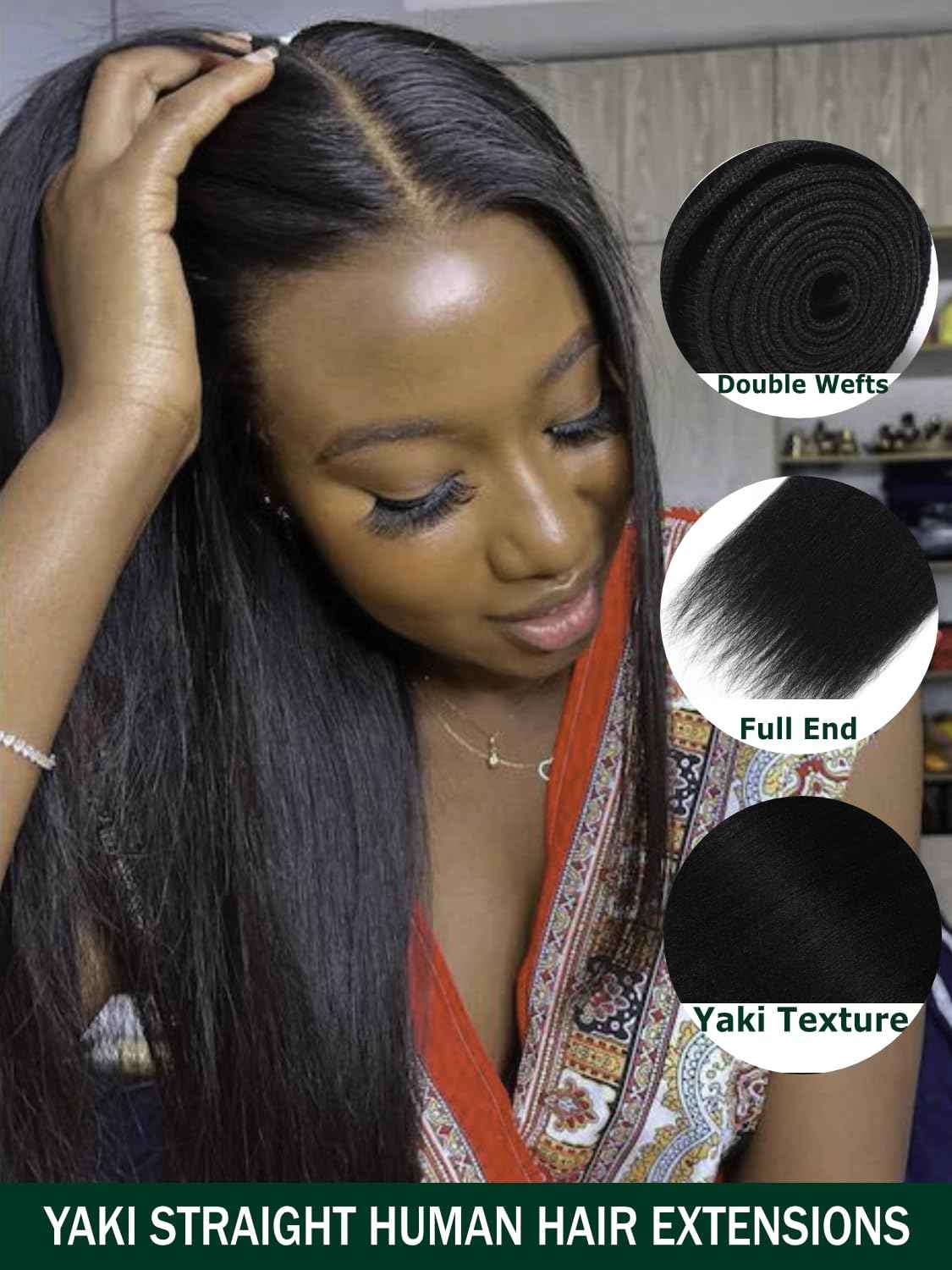 KLAIYI Yaki Straight Bundles Human Hair Weaves Unprocessed Real Virgin Hair Sew In Extensions 3 Bundles 10 12 14Inch, 12A Kinky Straight Double Wefts for Women Cllip In Light Yaki Natural Black Color