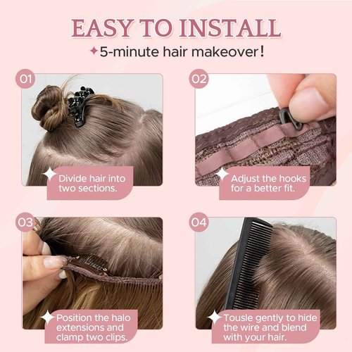 SEGO Halo Hair Extensions, Wavy Adjustable Invisible Wire Extensions, Real Human Hair, 2 Clips for Women Transparent Fish Line Extensions, Add Length Volume, 16 inches, Gold Blonde Mixed Bleach Blonde