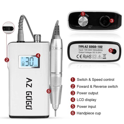 AZ GOGO Electric Nail Drill, 30000RPM Rechargeable Portable Nail Drill Machine for Acrylic Gel Nails, Professional Manicure E-File for Home or Salon Use