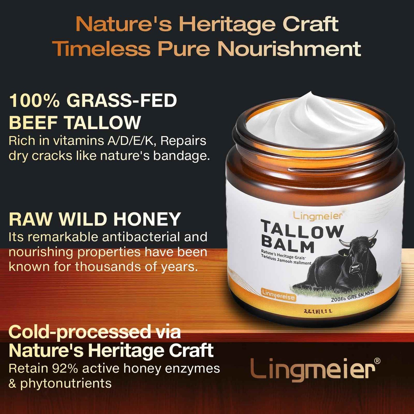 Lingmeier Beef Tallow for Skin, Tallow and Honey Balm, Organic Grass-Fed Beef Tallow for Skin with Raw Honey & Jojoba Oil, Whipped Moisturizer for Face & Body, Dry Skin Care, Non-Greasy