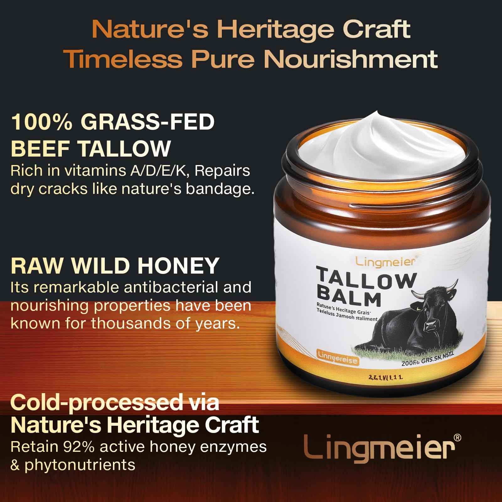 Lingmeier Beef Tallow for Skin, Tallow and Honey Balm, Organic Grass-Fed Beef Tallow for Skin with Raw Honey & Jojoba Oil, Whipped Moisturizer for Face & Body, Dry Skin Care, Non-Greasy