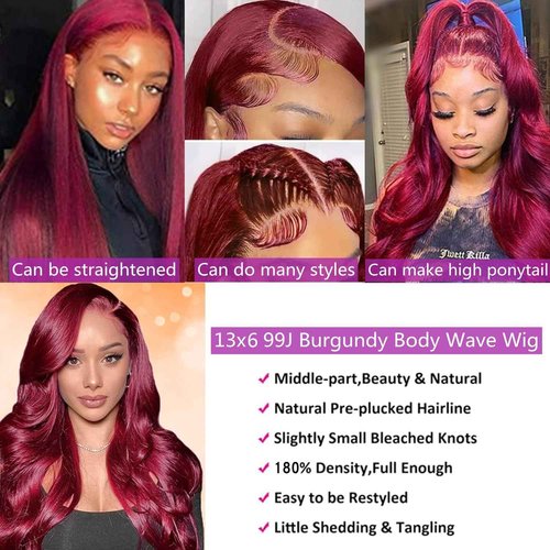 MISSJAY 18 inch Burgundy Lace Front Wigs, Body Wave Glueless HD Lace Frontal with 13x6 Hd Lace Front and 180 Density