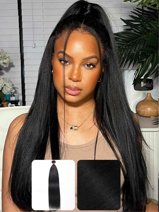 KLAIYI Yaki Straight Bundles Human Hair Weaves Unprocessed Real Virgin Hair Sew In Extensions One Bundle Of 20Inch, 12A Kinky Straight Double Wefts for Women Cllip In Light Yaki Natural Black Color