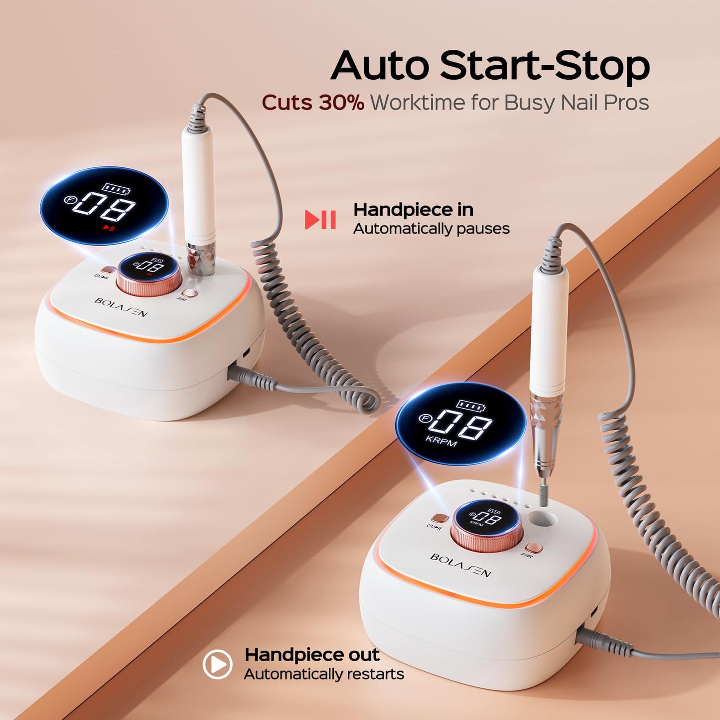 Professional Cordless Nail Drill 40000RPM Brushless - 7800mAh Rechargeable Electric Nail File for Acrylic Gel Nails, Fast Removal, Auto Start-Stop, Salon Use - BOLASEN HaloDrill 10