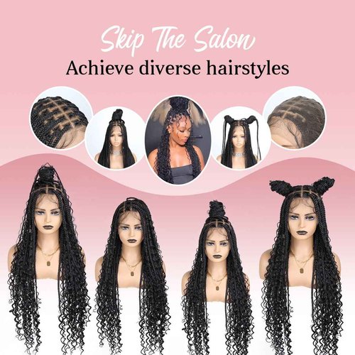 QUISDUIS 36 Inch Full Lace Boho Braided Wigs for Black Women, 360° HD Single-layer Square Knotless Box Braid Wig with Baby Hair Handmade Synthetic Hair Blended Lace Front Wig Natural Black