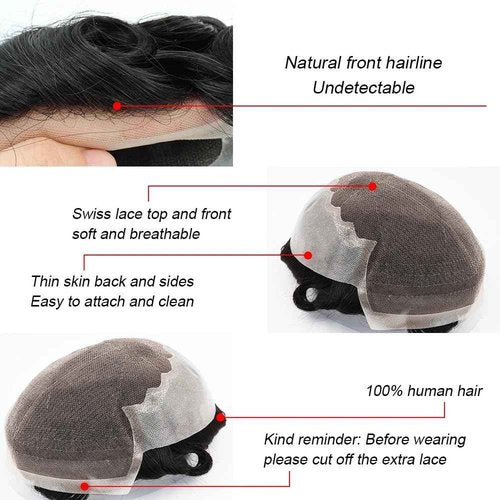 Toupee for Men Human Hair Wigs Mens Toupee European Virgin Human Hair Units Curly Wave Mens Wig Toupee Hair Real Human Replacement System for Man Q6 Prosthesis Units Patch #1B Off Black (6x9)