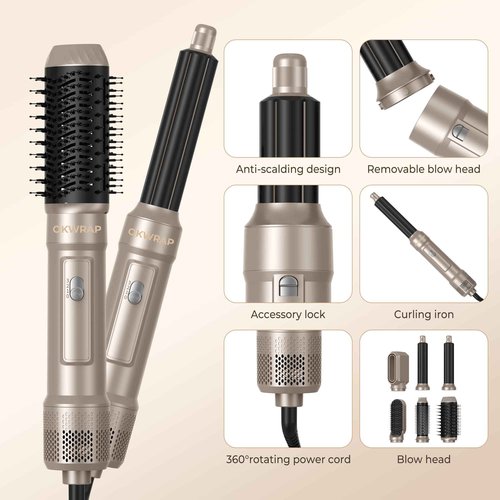 6 in ONE Blow Dryer Brush,Air Curling Iron Round Brush Blow Dryer 800W,Ionic Hair Dryer Brush for Women, Hot Air Brush Hair Styling Tools 100-120V (Champagne Gold)