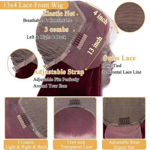 Azkiu 32 Inch 99J Burgundy Lace Front Wigs Human Hair 13x4 Straight Lace Frontal Wigs Human Hair Pre Plucked Wine Red Colored Straight Wig Human Hair Red Wig for Women 150% Density