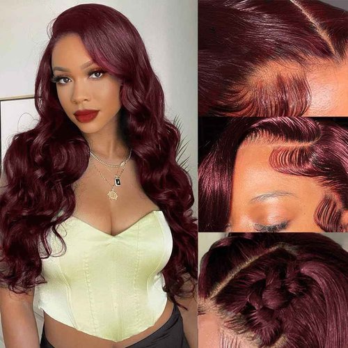 ISWEET 14" 13x4 Glueless Wigs Human Hair Pre Plucked Pre Cut with Baby Hair, 210% Density 12A Brazilian Body Wave Lace Front Wigs Human Hair, Burgundy HD Transparent Wear and Go Wigs for Black Women