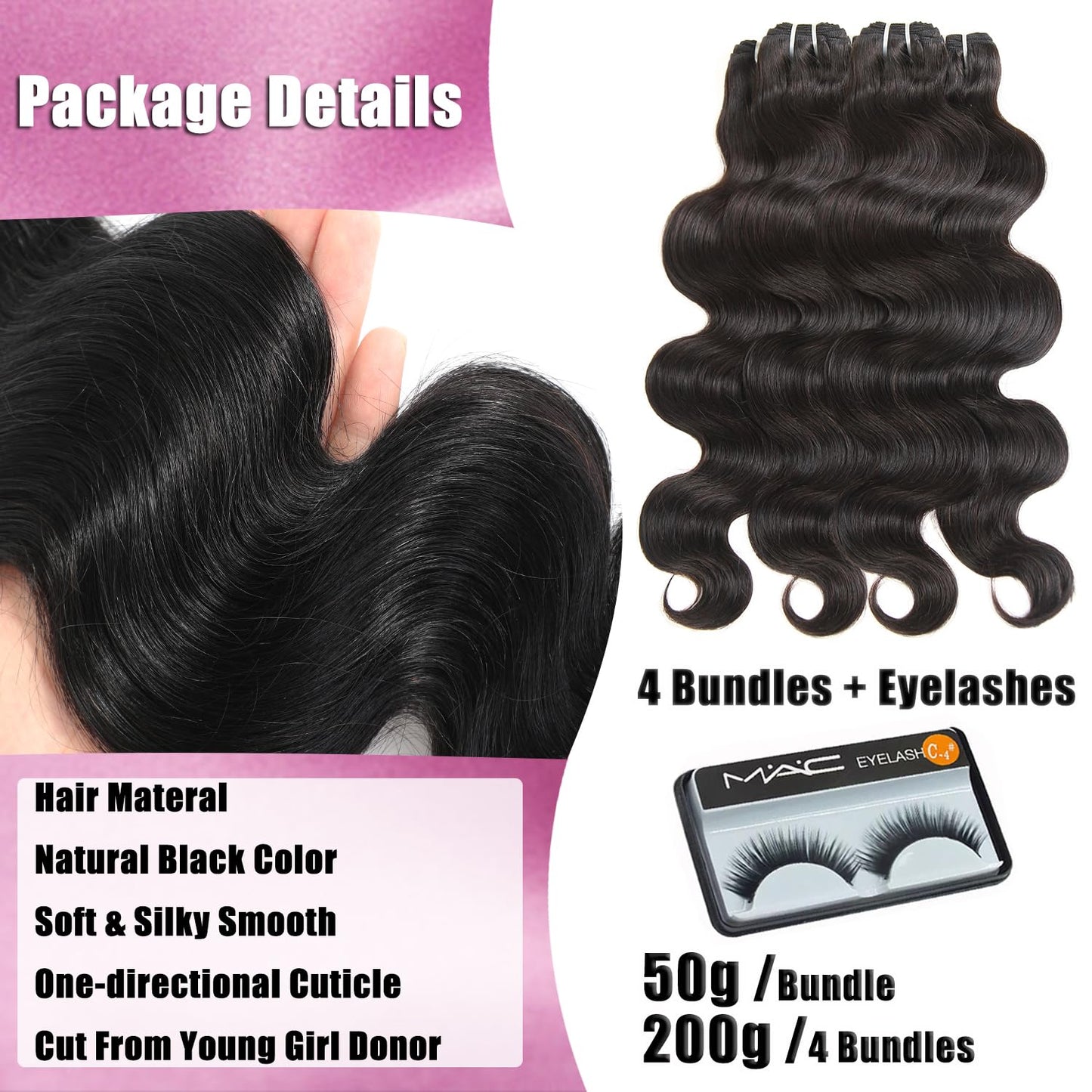 16A Raw Human Hair Bundles 16 16 18 18 Inch Body Wave Bundles Human Hair, 100% Unprocessed Brazilian Virgin Hair, Keep Texture Silky Soft After Multiple Washes, Triple Lifespan (4Bundles/200g)